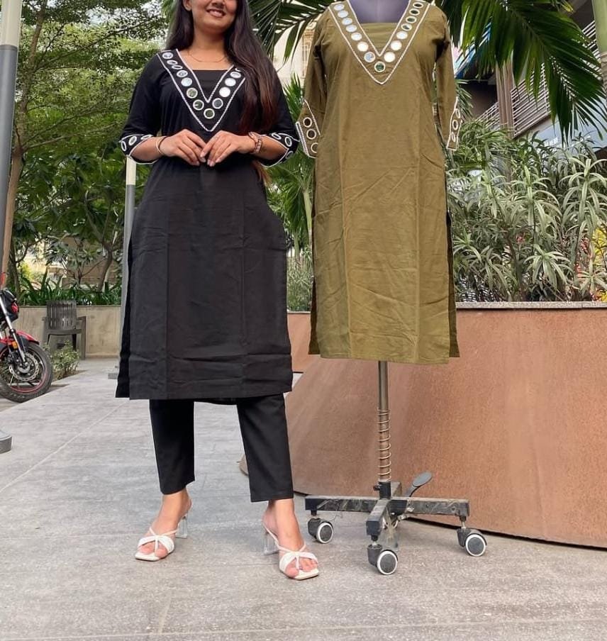 Green Cotton Kurti Pant Set with Mirror Embroidery
